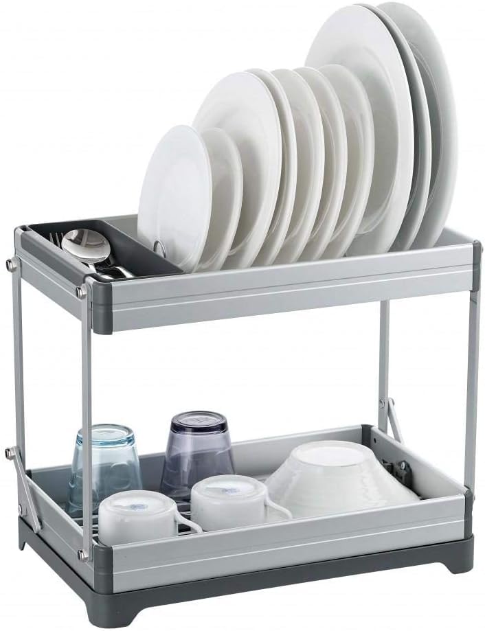 Glive (Label) 2 Tier Collapsible Dish Drying Rack With Drainboard For Kitchen Counter Plate Holder Dishes Drainer Dryer Dishrack