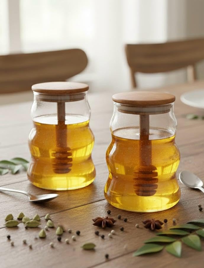 Bien Verrerie Glass Jar With Wood Lid And Dipper For Storing Honey And Ghee 500 Ml Pack Of 2, Clear Storage Container For Kitche