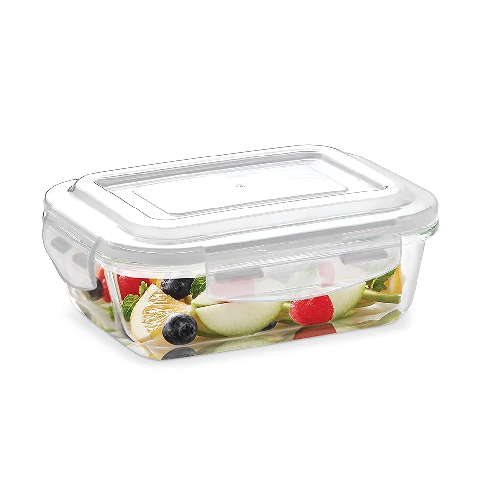 Borosil Klip N Store Glass Storage Container For Kitchen With AirTight Lid, Microwave & Oven Safe, Rectangular, 370 ml, Clear