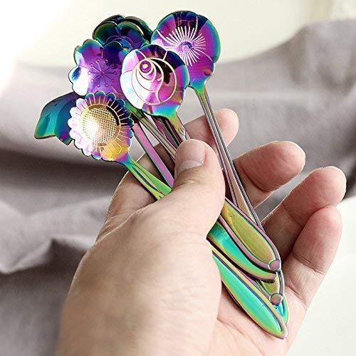 Flower Spoon Set - 8Pcs Dgq Teaspoon Coffee Spoon Rainbow Color For Coffee Tea Mixing Ice Cream Dessert - 8 Diffient Pattern Col