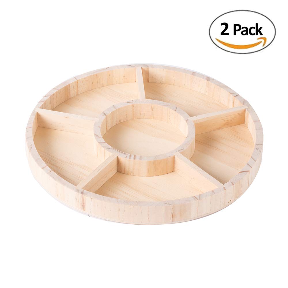 Wooden Tray With 6 Sections - 2 Pack Round Tray Chip And Dip Platter - Divided Serving Tray For Appetizers & Snacks - Veggie Pla