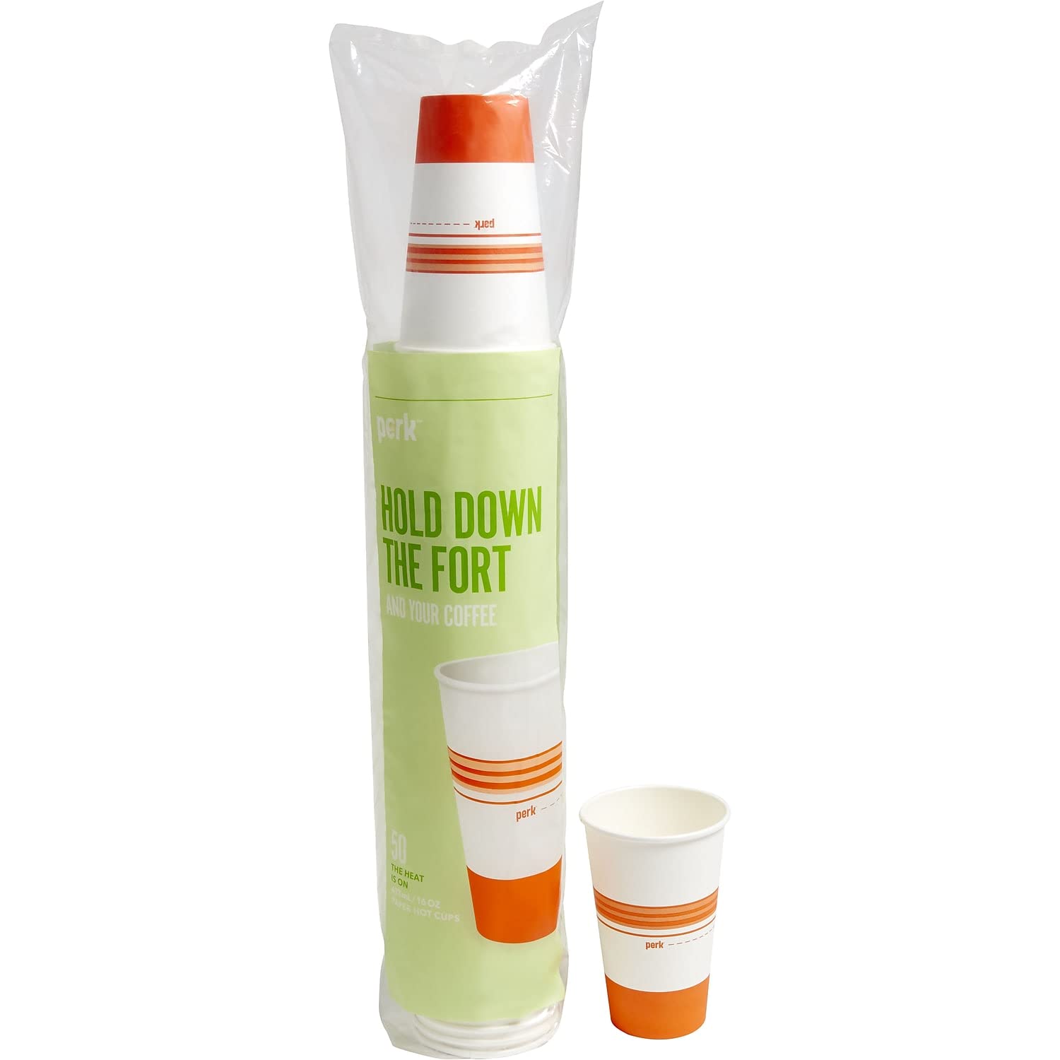 Perk Paper Hot Cups, 16 Oz, 50 Count Disposable Cups for Hot Beverages, White/Orange