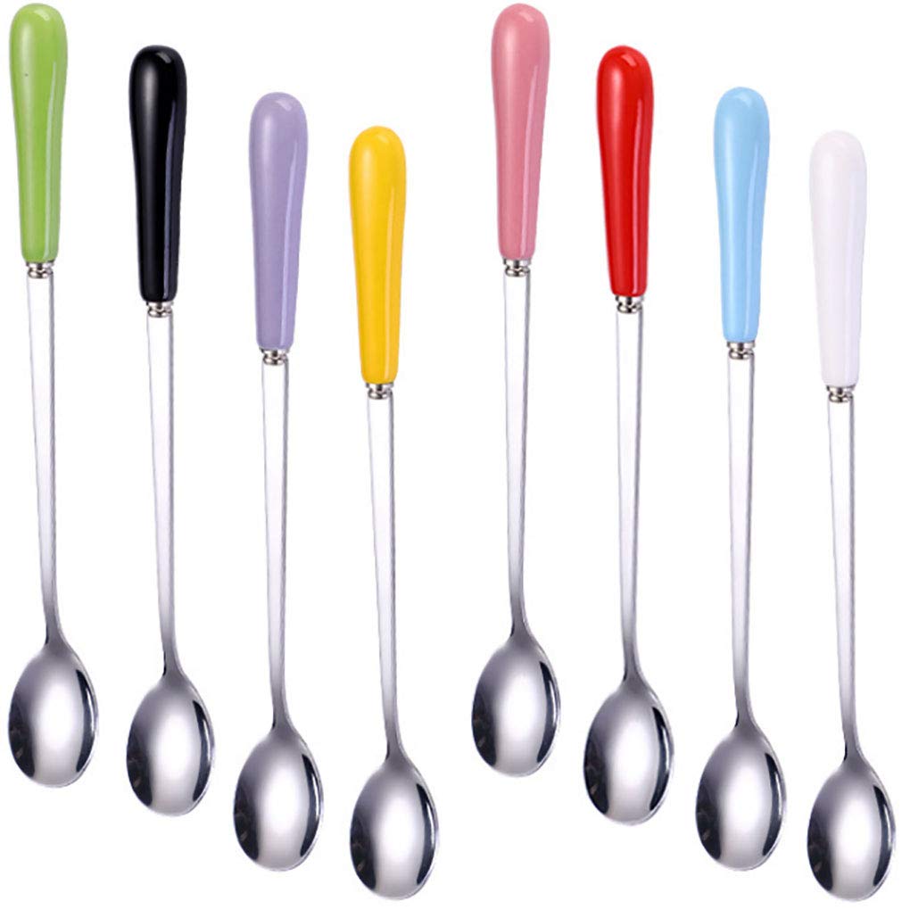 Goeielewe Mixing Spoons Set Of 8, Stainless Steel Iced Teaspoons With Ceramic Handle 7.6-Inch Long Soup Tablespoons Espresso Cof
