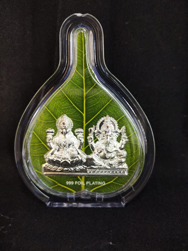 Altrona Ganesha Lakshmi Silver Idol Frame Leaf Shape For Dipawali/Dhanteras/Gifting/Akshaya Tritiya (Size 5X4 Inches)