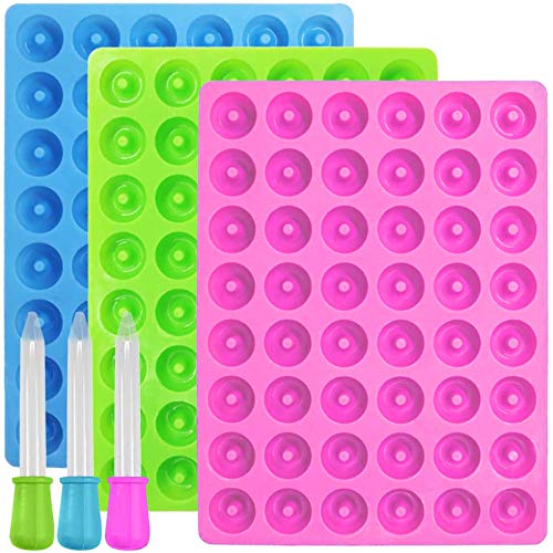 3 Pack Mini Donut Silicone Mold,Liudhpsp Food Grade Silicone Candy Chocolate Jelly Molds With 3 Droppers(Blue,Green,Pink)