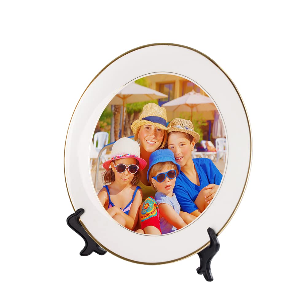 Mr.R Set Of 2 Sublimation Blanks White Ceramic Gold Rim Plate With Stand,Porcelain Plates, 8 Inch Round Dessert Or Salad Plate,