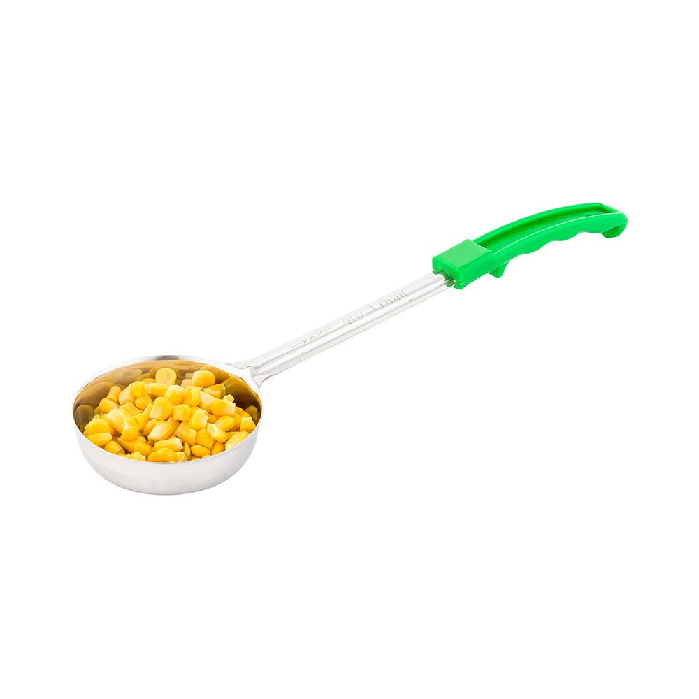 Restaurantware Met Lux 4 Ounce Portion Ladle 1 Perforated Portion Serving Spoon - Green Handle Dishwashable Stainless Steel Slot