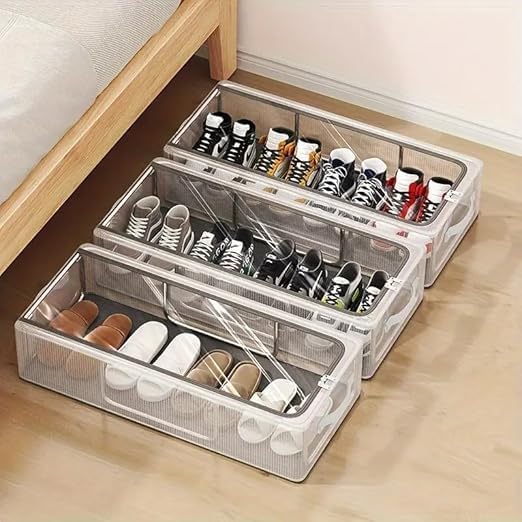 Prant Shoe Storage Box, Shoe Organizer For Closet, Clear Plastic Stackable Shoe Boxes, Space Saving Foldable Sneaker Shoe Rack C