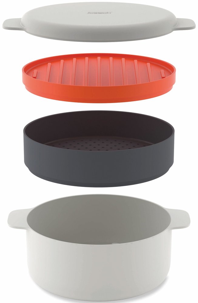 Joseph Joseph M-Cuisine Microwave 4-Piece Stackable Cooking Set  2 liter cooking pot  steamer  griddle and lid  Orange/Beige