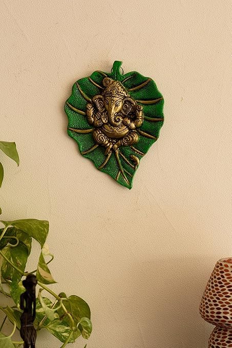 Achleshwar Metal Golden Lord Ganesha on Green Leaf wall hanging Sculpture Decorative Religious Showpiece For Home wall decor,Tem