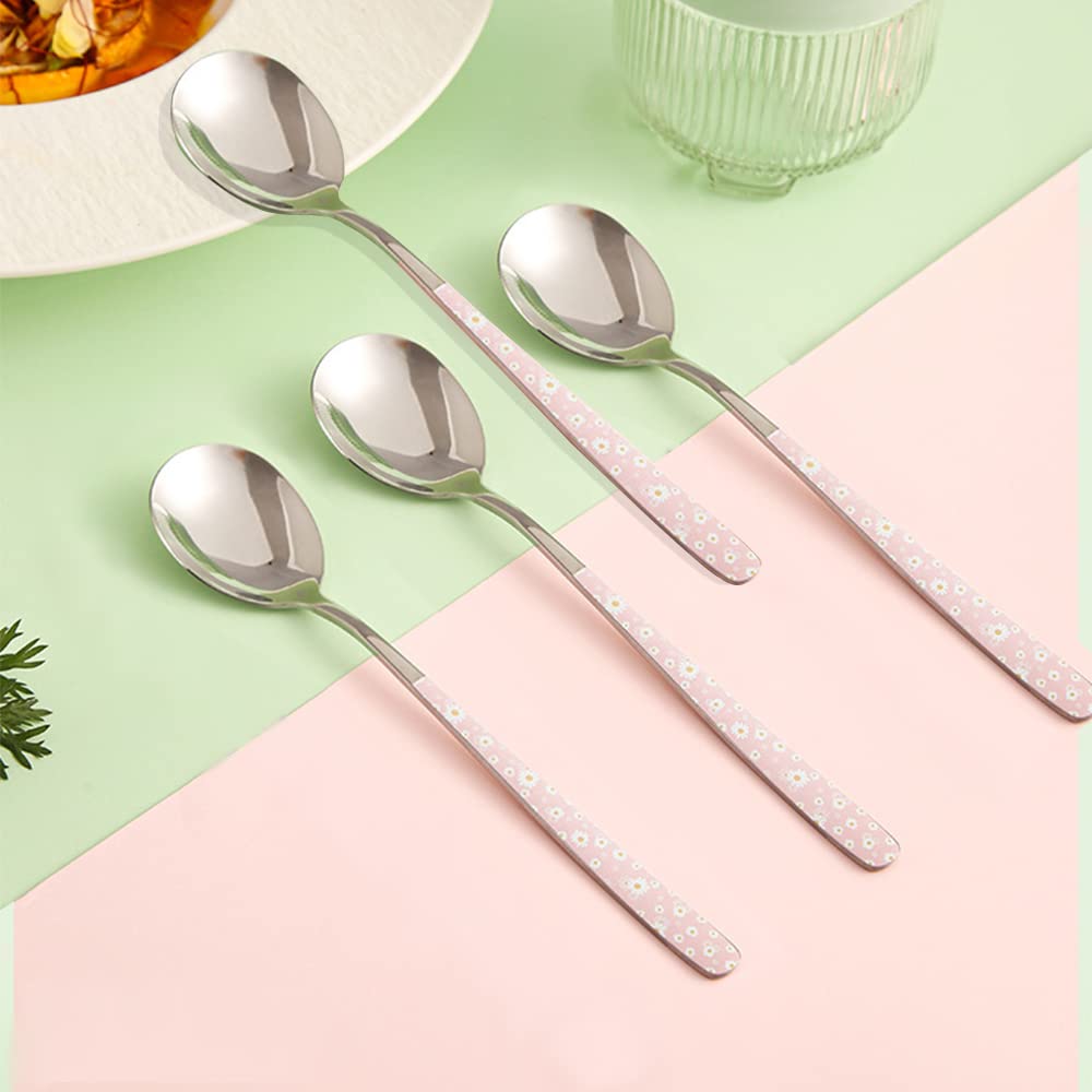 Stainless Steel Soup Spoon,Korean Dessert Spoon,Pink Daisy Mixed Color Spoon For Home, Kitchen Or Restaurant, Set Of 4 Pink Dais