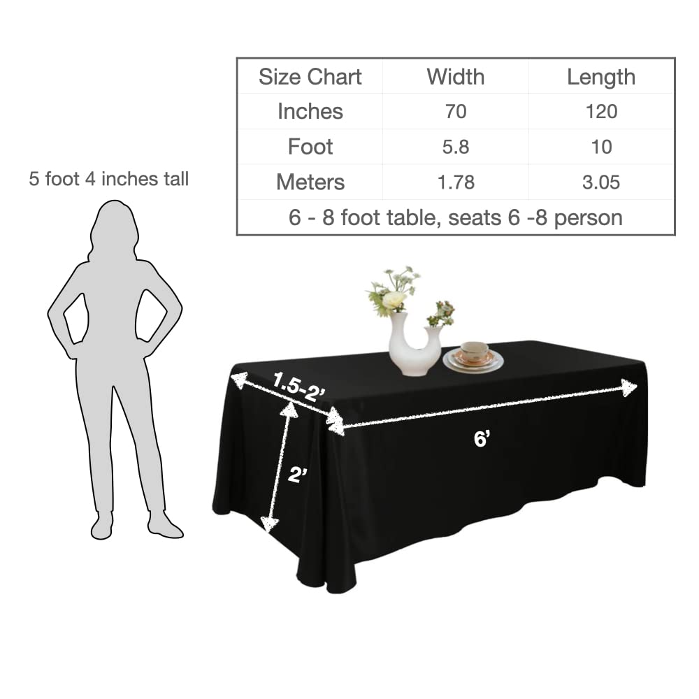 Urby 70 X 120 Inch Polyester Rectangular Table Cloth for 6-8 Foot Table That Seats 6-8 Person - Fits Folding Tables  Picnic Tables  Dining Tables - Machine Wash Reusable & Wrinkle Free - Black
