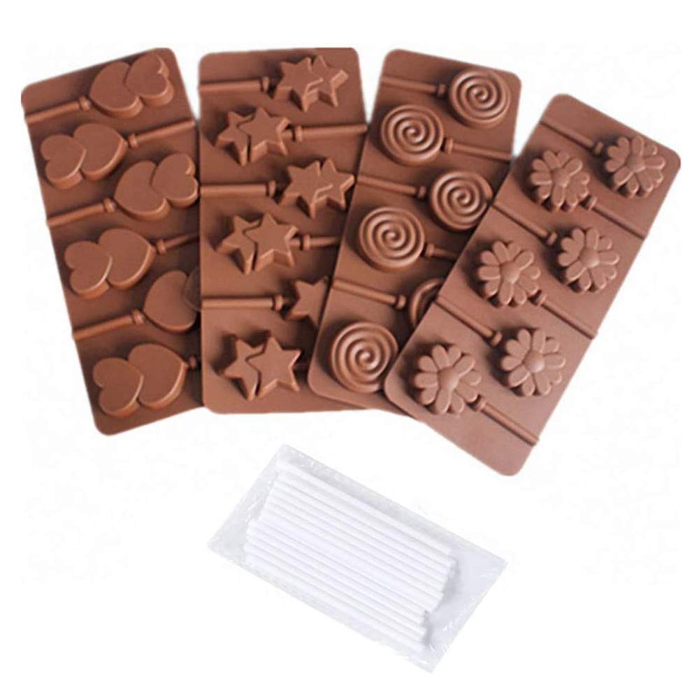 4-Pack Lollipop Silicone Mold Set - Moldfun Star Heart Spiral Daisy Flower Silicone Lolly Pop Tray For Hard Candy Chocolate Gumm