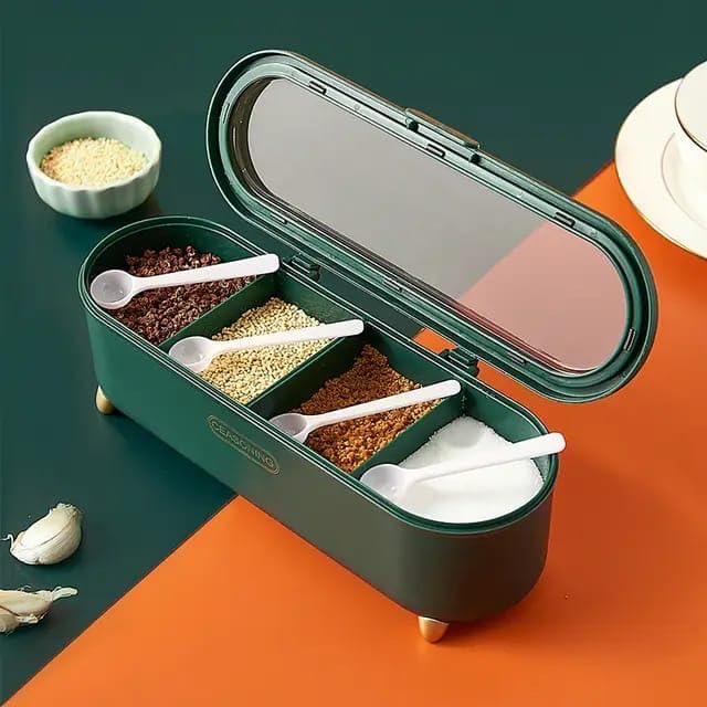 Exotic Mall 4 Compartments Seasoning Box Spice Jar For Kitchen Plastic Masala Dani Spice Storage Box Lid Spoon Masala Dabba Cond