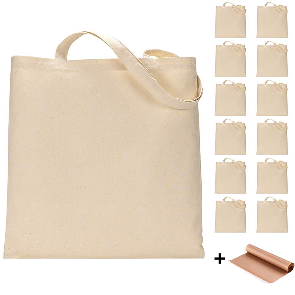 Funisfun 12 Pack Blank Canvas Tote Bags Bulk Shopping Bag For Crafts With A Ptfe Teflon Sheet Diy Reusable Grocery Bag
