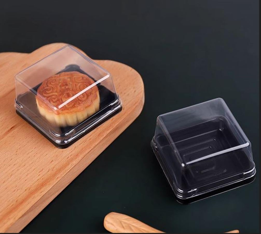 50 Pack Black Bottom Clear Cover Plastic Mini Cake Box - Muffin Box - Moon Cake Box - Mung Bean Cake Snow Mei Niang Box(Bottom 2