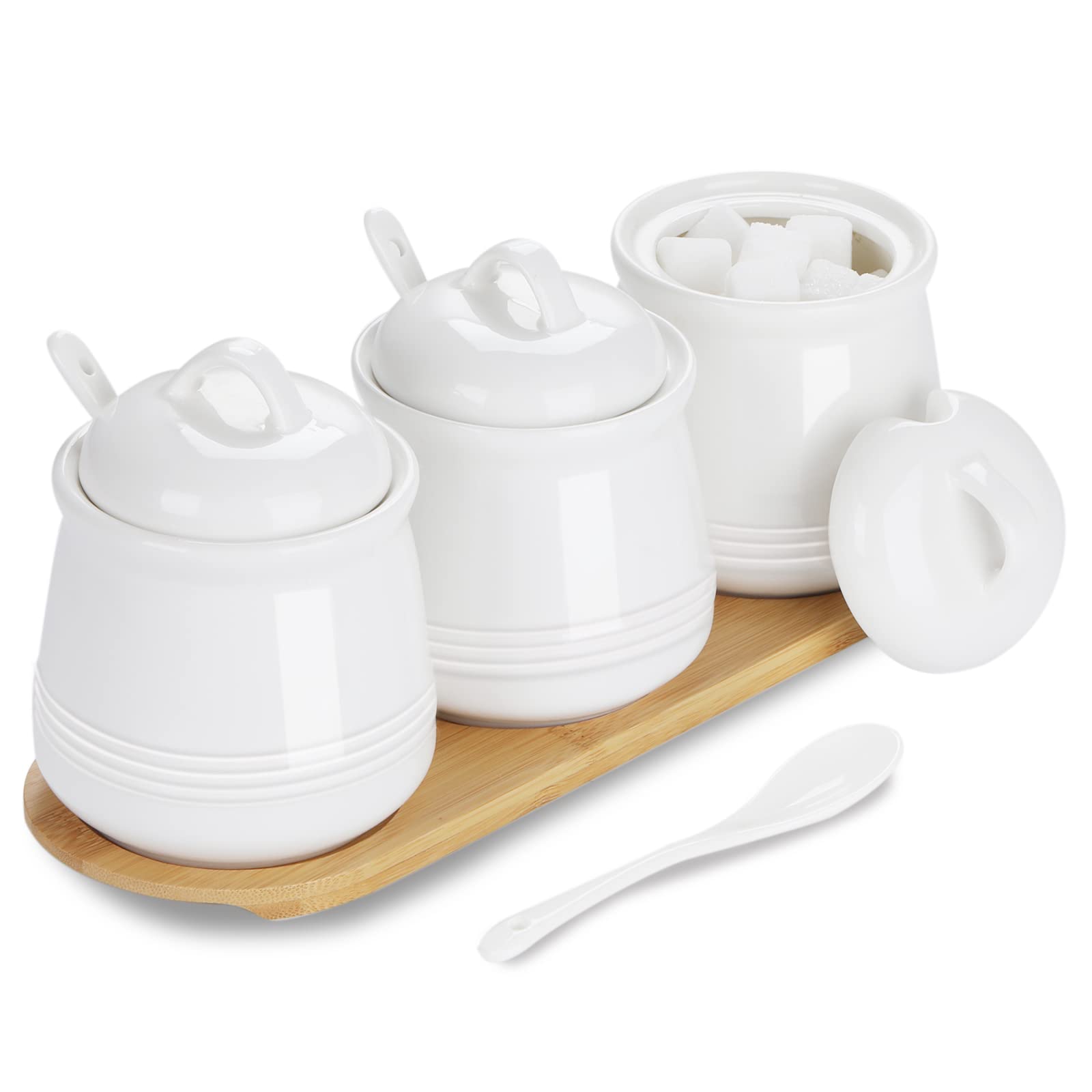 Haotop Porcelain Condiment Jar 3 Pack Set With Tray, 12 Ounces White