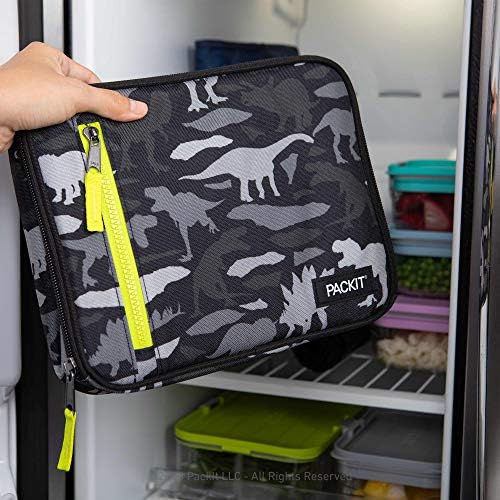 Packit Freezable Classic Lunch Box, Dino Camo Charcoal, Built With Ecofreeze Technology, Collapsible, Reusable, Zip Closure With