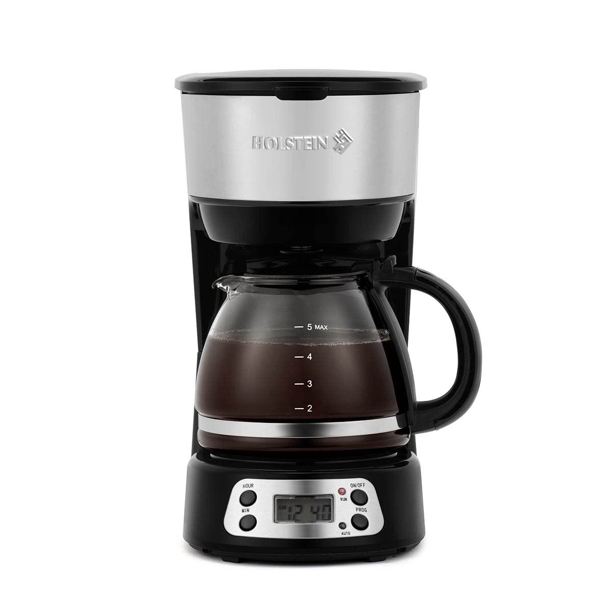 Holstein Housewares 5-Cup Programable Coffee Maker, Convenient And User Friendly, Black And Stainless Steel With Auto Pause And
