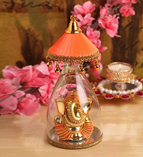 Itiha Glass Umbrella Ganesha Idols For Car Dashboard Or Home Decor, Orange, 7 Inch