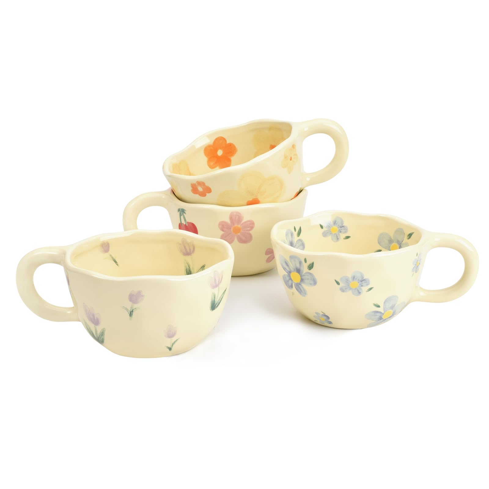 Koythin 4-Piece Ceramic Coffee Mugs, Creative Flower Mug for Office and Home, 8.5 oz/250 ml for Latte Tea Milk (Blue Flower, Ora