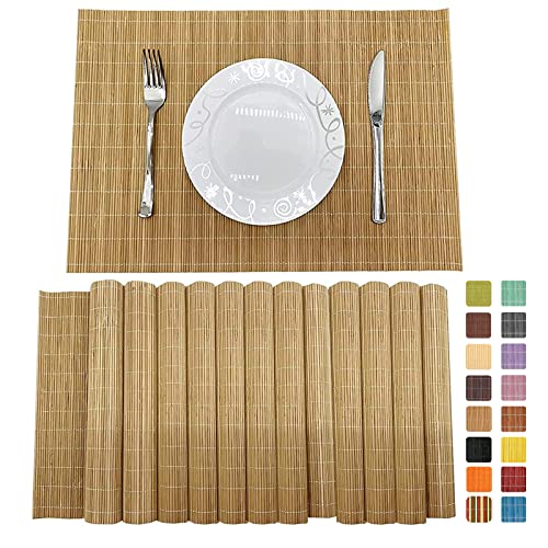 Andstar Set Of 12 Pcs Bamboo Placemats Sushi Rolling Mat Japanese Style Natural Anti-Slip Bamboo Placemats Washable Heat-Resista