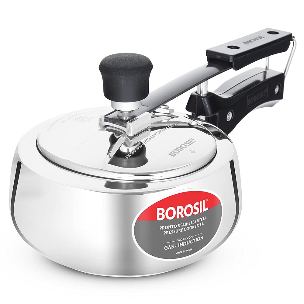 Borosil 2L Pronto Stainless Steel Pressure Cooker With Inner Lid | Gas & Induction Compatible | 6.8 Mm Heavy Encapsulated Base |