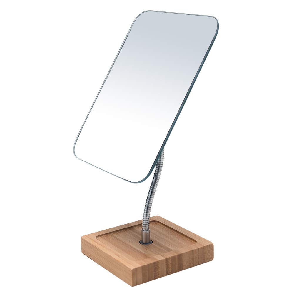 Yeake Flexible Gooseneck Bamboo Vanity Makeup Mirror,360Rotation 8'' Large Frameless, Folding Portable Table Desk Mirror With St