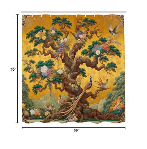 Ambesonne Vintage Shower Curtain, Cartoon Scenario Swirly Vines Of Earthy Tree With Leafy Floral Peacocks, Cloth Fabric Bathroom