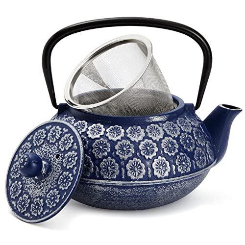 Japanese Cast Iron Teapot With Infuser For Loose Leaf And Tea Bags, Kettle Includes Handle And Removable Lid (Blue, 34Oz)