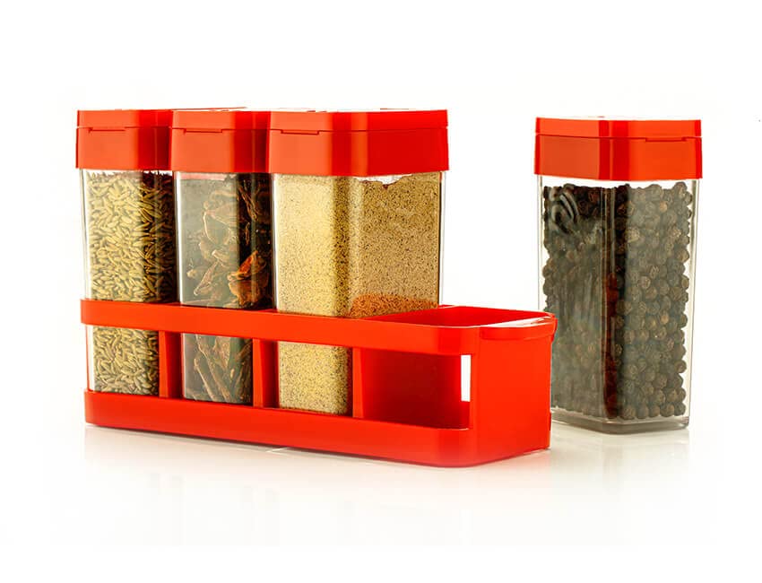 Parvluxe Multipurpose Spice Jar Set Of 4 With Rack | Transparent Seasoning Containers With Airtight Lids For Kitchen Storage | D