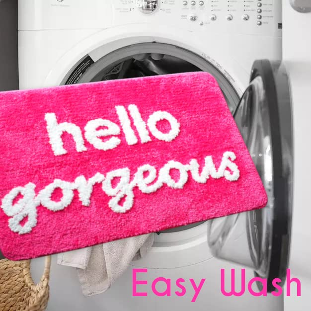 Hello Gorgeous Bath Mat Hot Pink Dark Magenta Fuchsia Blush Peach Coral Cute Beautiful Bathroom Rugs for Girls You Look Good Gorgeous Funny Shower Fun Bathroom Decor Non-Slip Washable Kids Women