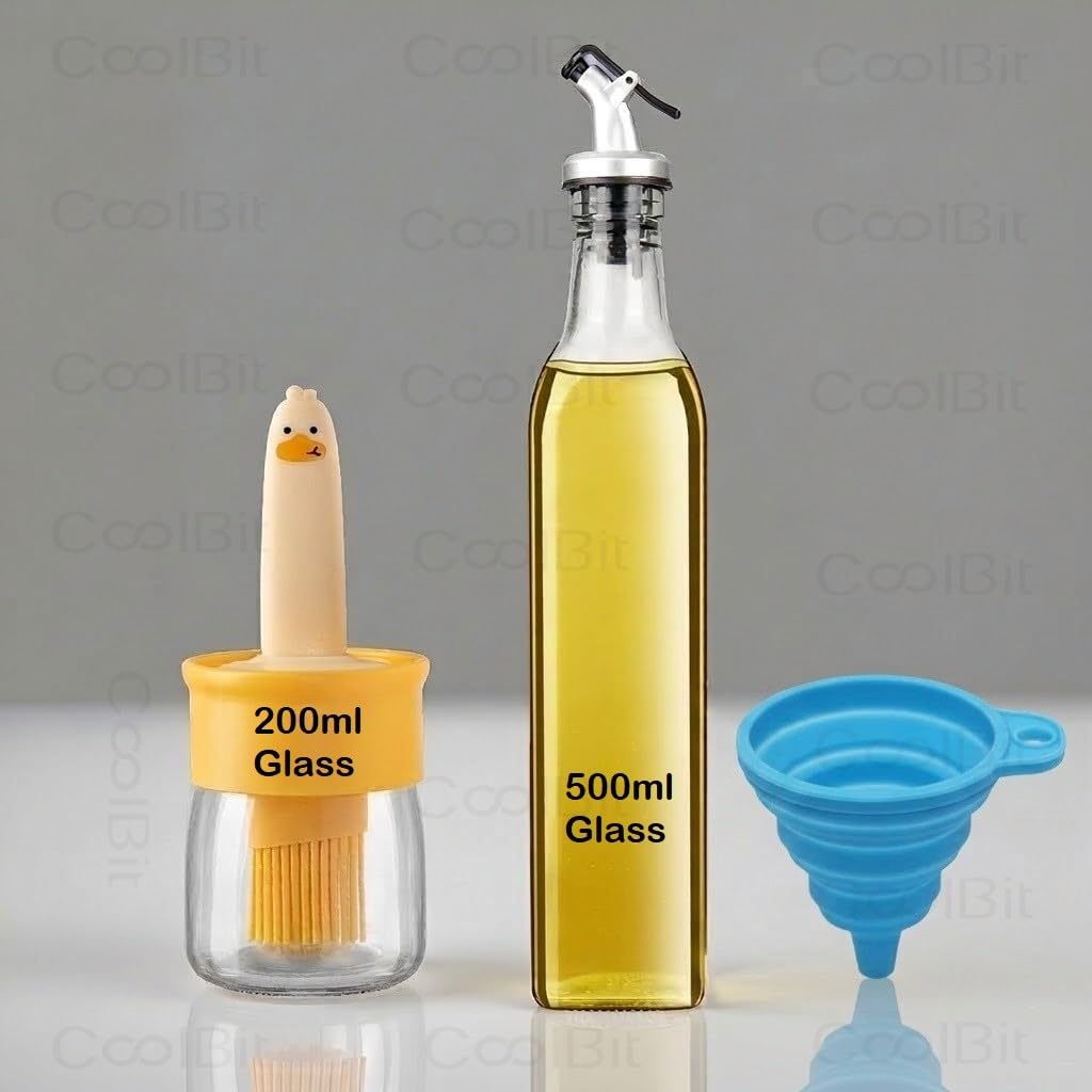 Xocium 500Ml Glass Oil Dispenser Bottle + 200Ml Glass Oil Brush Bottle With Silicone Brush And Collapsible Funnel.