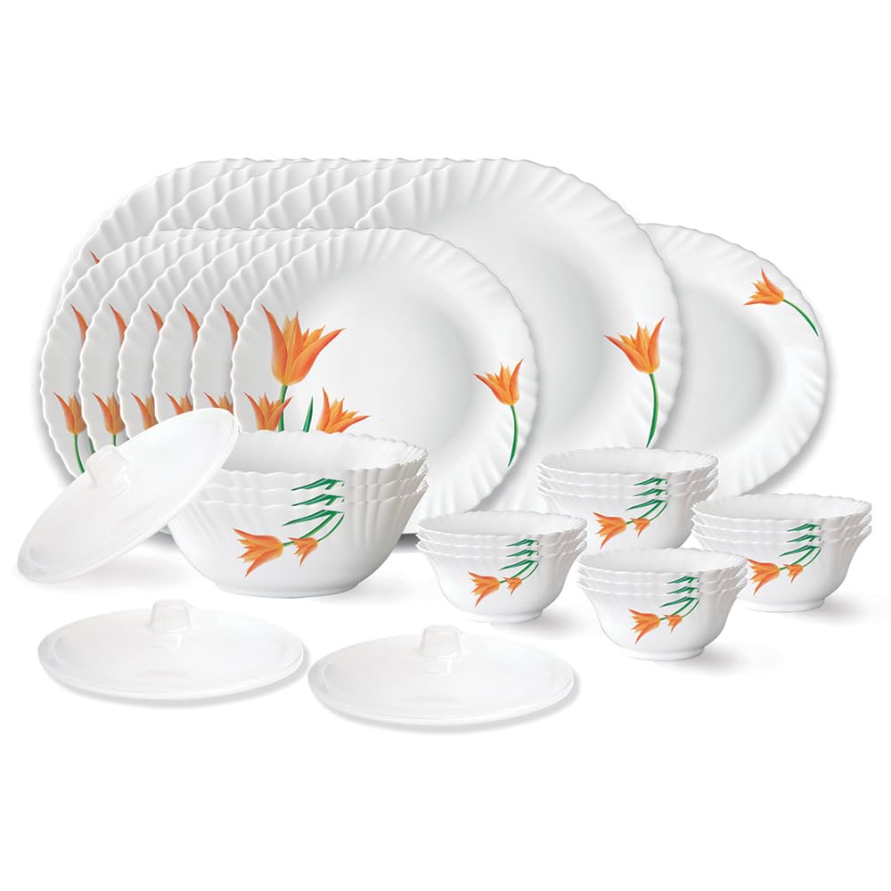 Larah By Borosil Firefly Fluted Series Opalware Dinner Set | 31 Pieces For Family Of 6 | Microwave & Dishwasher Safe | BoneAsh 