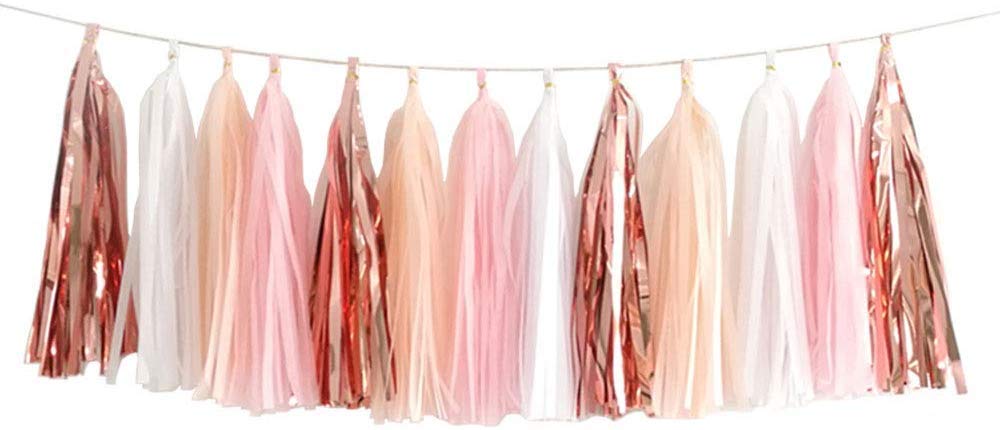 ZOOYOO Pink Shiny Tassel Garland Tissue Paper Tassel Banner,Table Decor,DIY Kits for Tassels Party Decoration,Pack of 20(Rose Go