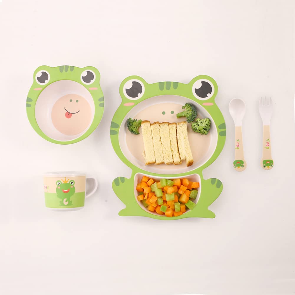 Fekdod Kids Dinnerware Set Bamboo 5 Pcs with Plate Bowl Cup Fork Spoon (Frog)