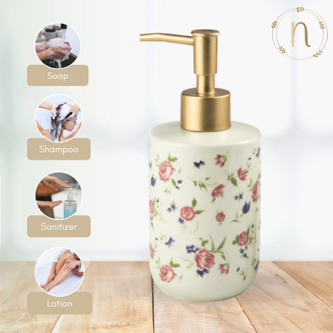 Nestasia Durable Floral Ceramic Liquid Dispenser for Kitchen | Handwash Bottle for Wash Basin | Shampoo Dispenser for Bathroom |