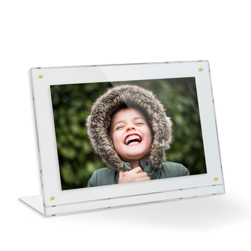 10x8 Acrylic Floating Picture Frame - Table Stand with Gold Magnetic Front Cover to Easily Change Photos - Made in The USA