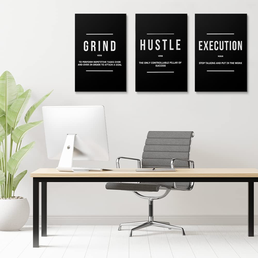 Gubiyu Hustle Grind Execution Wall Art Set Of 3 Framed Canvas Black Motiviational Wall Art Home Office Wall Decor Inspirational