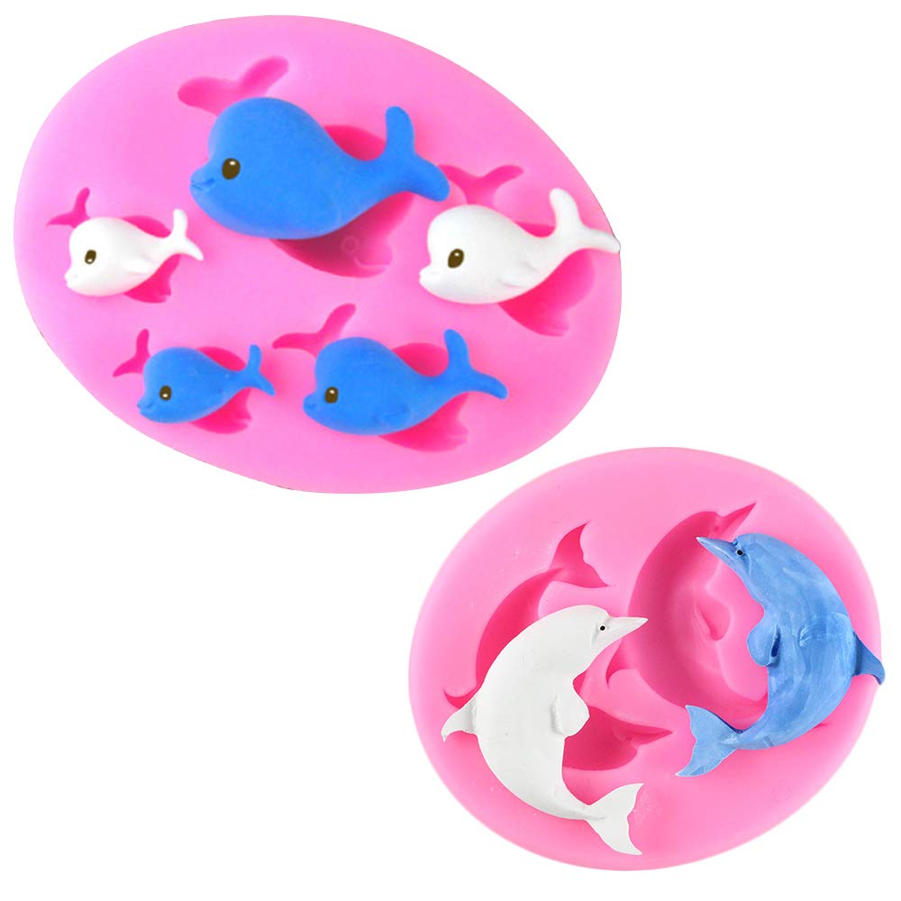 Set Of 2 Dolphin Fondant Molds Whale Silicone Sugarcraft Mold Diy Cake Decorating Tools Cupcake Chocolate Candy Polymer Clay Res