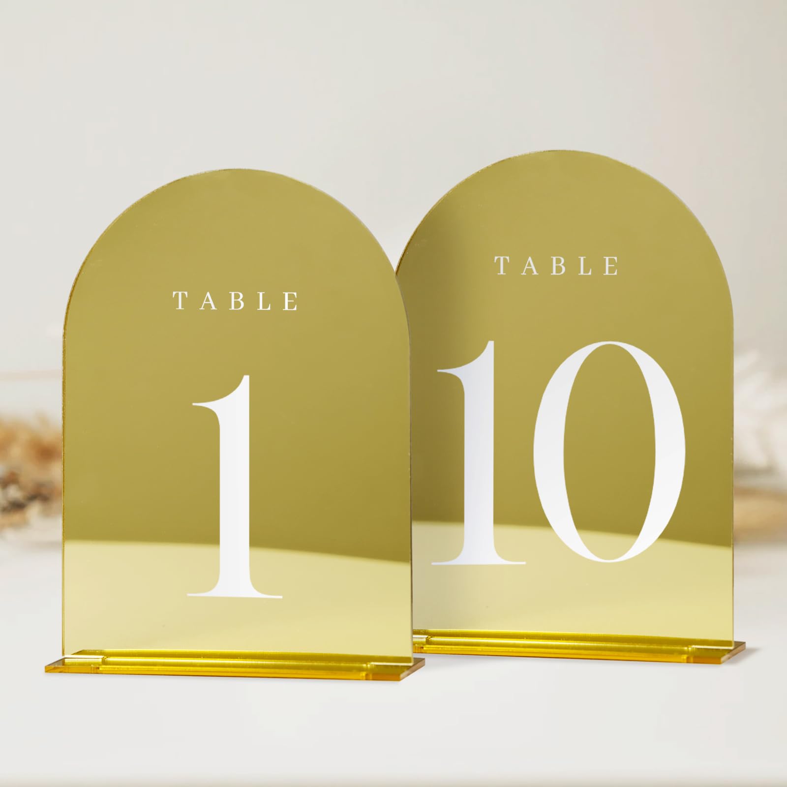 Jinmury Gold Mirror Table Numbers 1-10 With Stands, 10 Pack 5X7'' Gold Acrylic Arch Sign With Stand Gold Mirror Acrylic Arch Tab