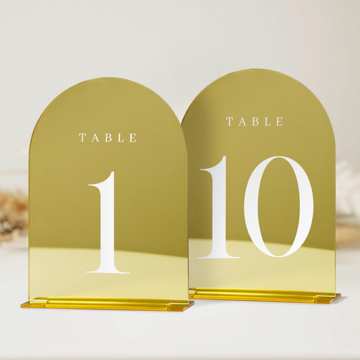 Jinmury Gold Mirror Table Numbers 1-10 With Stands, 10 Pack 5X7'' Gold Acrylic Arch Sign With Stand Gold Mirror Acrylic Arch Tab