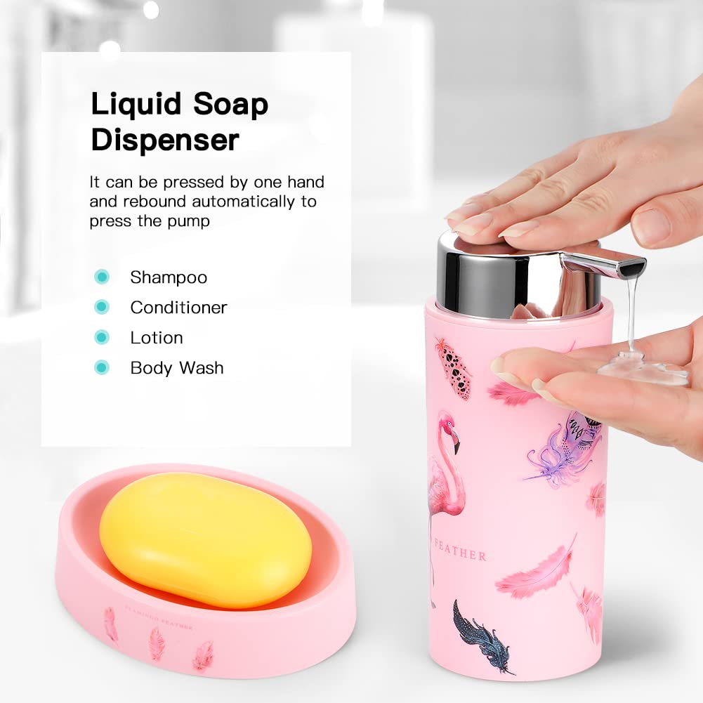 Otostar Bathroom Accessories Set 6 Piece Plastic Bathroom Gift Set Include Toothbrush Holder Soap Dispenser Tumbler Soap Dish Toilet Brush Holder Trash Can Qtip Holder for Housewarming Gift (Flamingo)