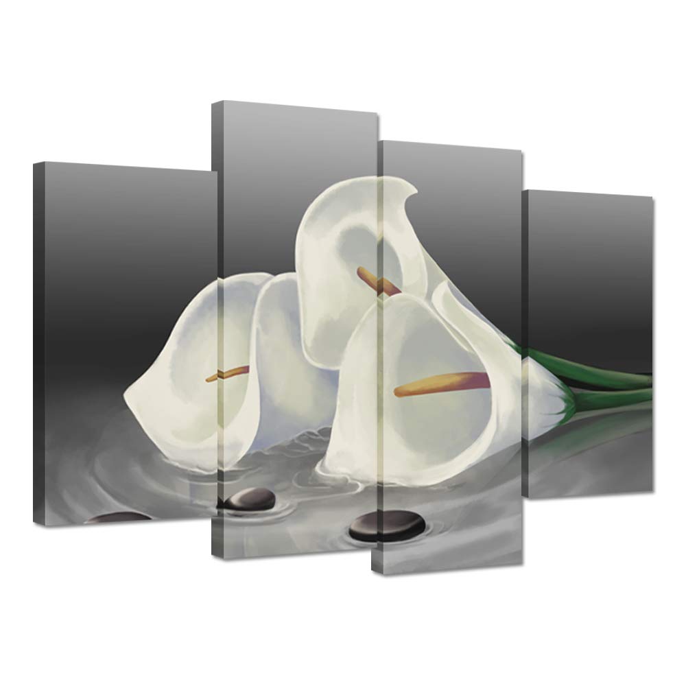 Ihappywall 4 Panel Lily Floral Wall Art White Calla Lily Gray Spa Pebbles Zen Stones Still Life Zen Flowers Picture Print For Sp