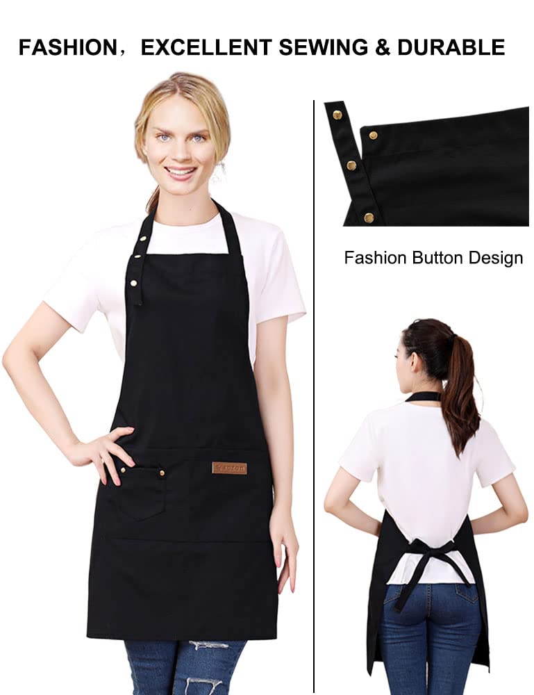 Yiujefda Black Aprons For Women Men With Pockets Adjustable Straps Waterproof Cute Canvas Kitchen Cooking Apron For Chef Waitres