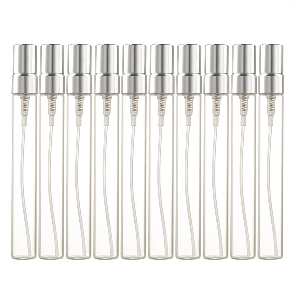 Enslz 10Ml 10Pcs Glass Spray Bottle Refillable Perfume Atomizer Mini Sample Test Bottle Thin Glass Vials (Silver)