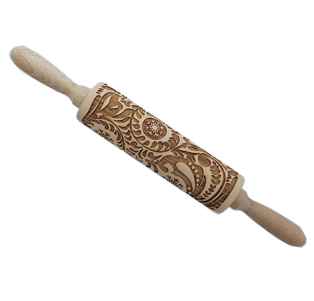Mizorlie 14.9''Paisley Engraved Embossed Rolling Pin, Christmas Snowflake Flower Pattern, Wooden Laser Engraved 3D Rolling Pin F