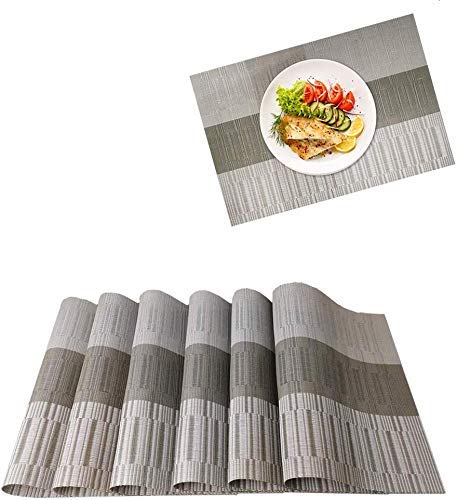 Fariox Placemats Woven Vinyl Place Mats for Dining Table Heat Resistant Table Mats Wipeable (Grey and Silver, 4)