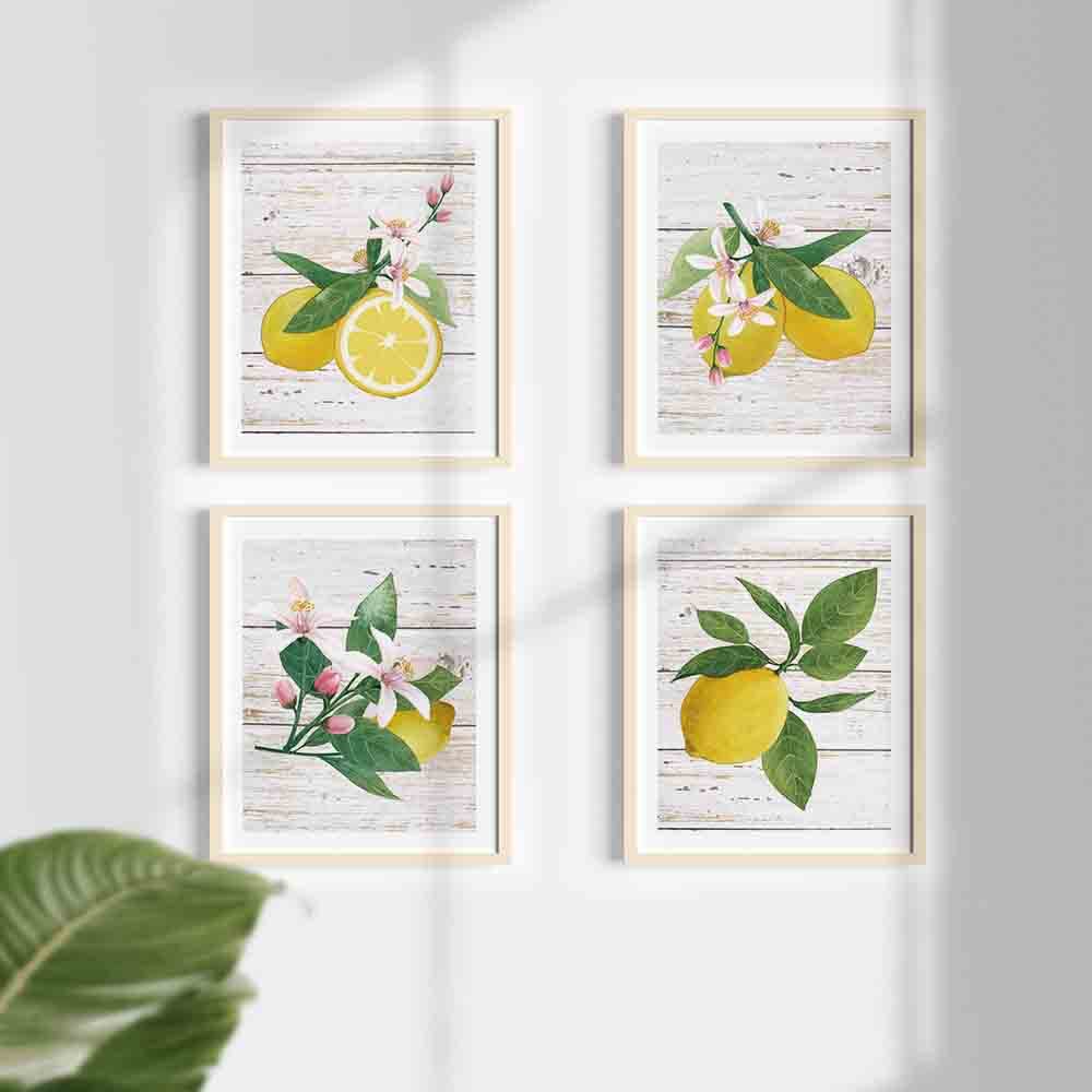 Faljiok Inspirational Lemon Wall Decor Art Prints, 4 Pcs 8   X10, Lemon Green Leaf Modern Wood Wall Decor, Green Leaf Sour Lemon