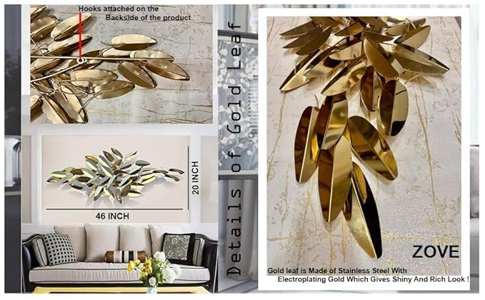 Zove Modern Golden Steel Leaf Sculpture Wall Decor For Living Room Metal Wall Decor For Bedroom, Drawing Room, Hotel, Restaurant